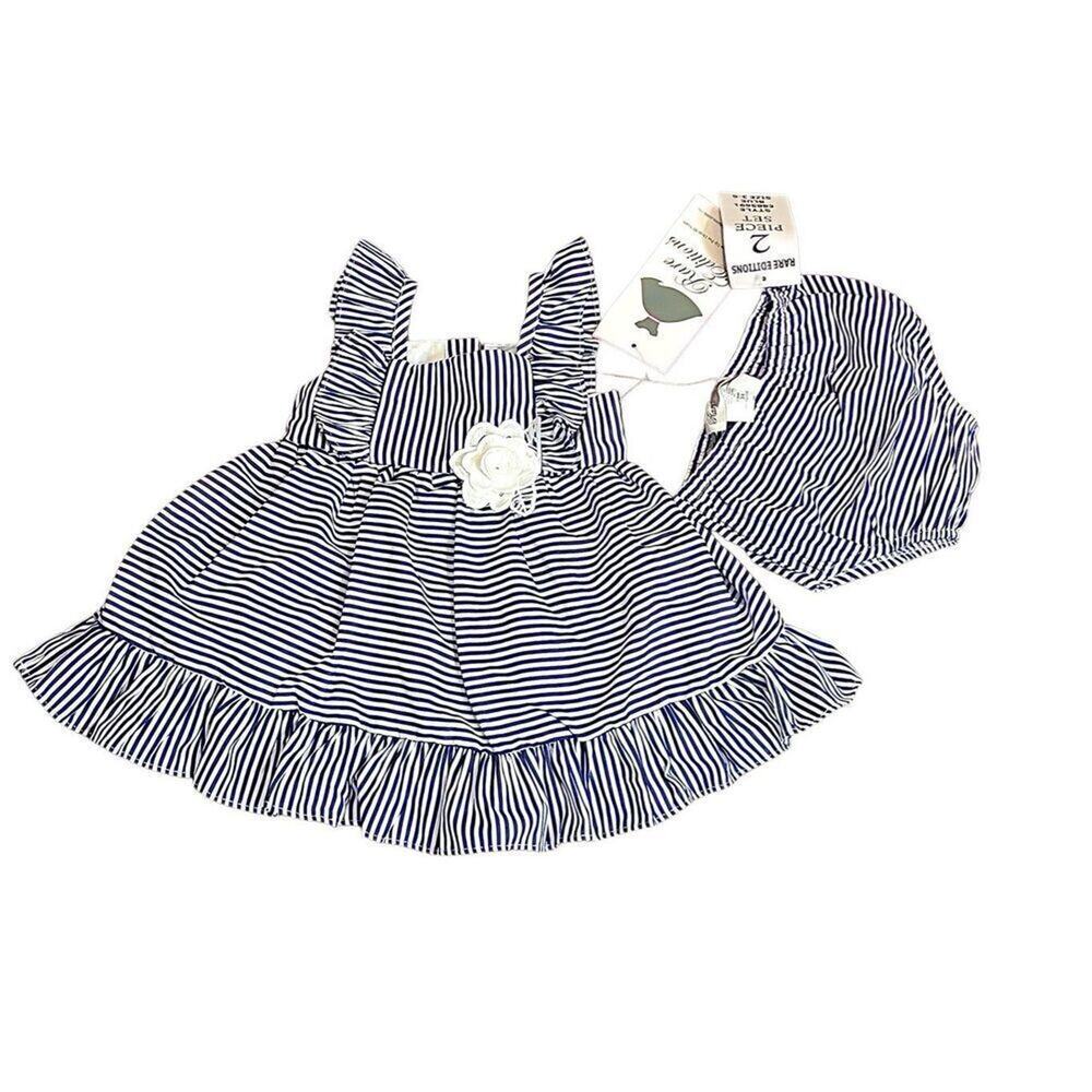Rare‎ Editions 2pc Blue Striped Sleeveless Dress Bloomers 3-6 months NWT Cottage